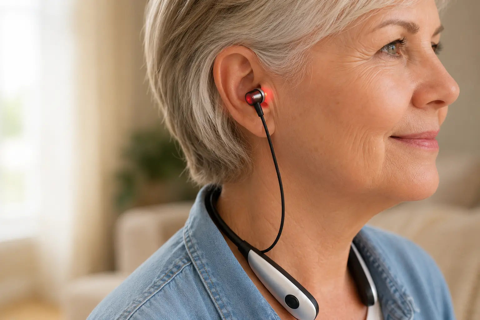 Fechar view of a Vertiva red-light earbud positioned at the ear canal